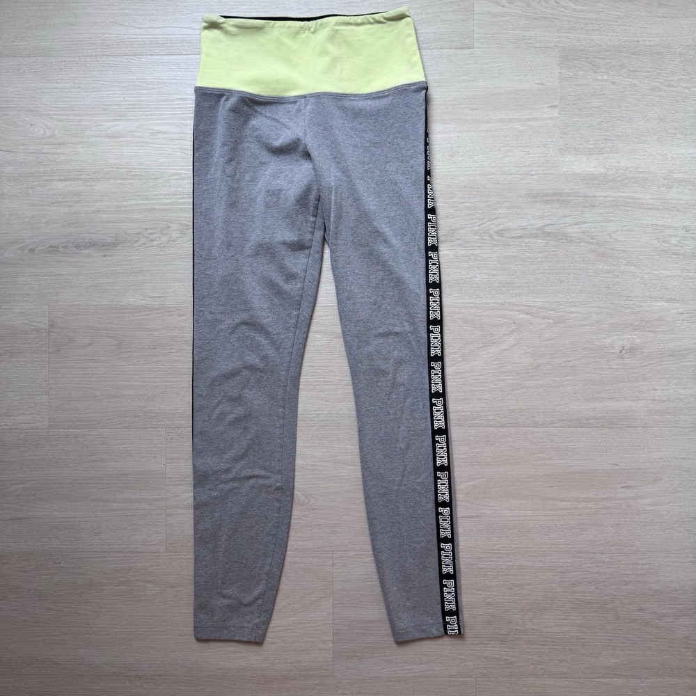 PINK Victoria's Secret Yoga Leggings Gray Neon Green Logo Stripe Women S
